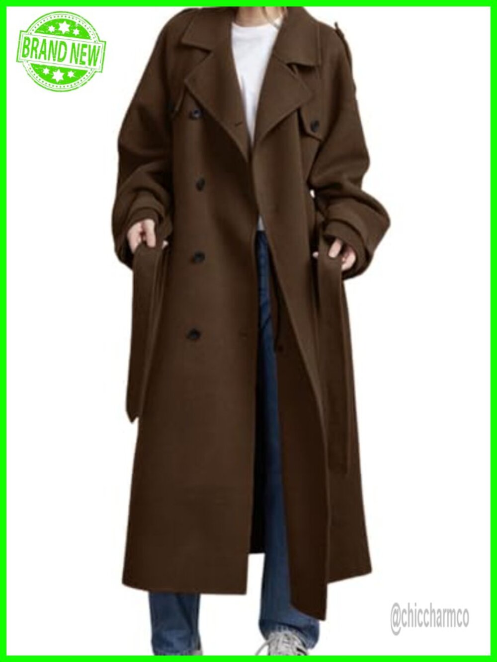 Women's Double Breasted Wool Blend Midi Trench Coat with Belt